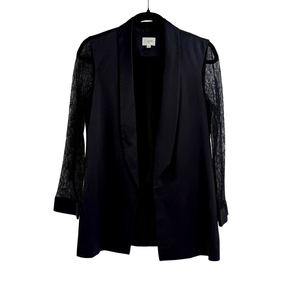 Cami NYC Black Silk Blazer Sheer Lace Sleeves Open Front Dressy Size XS